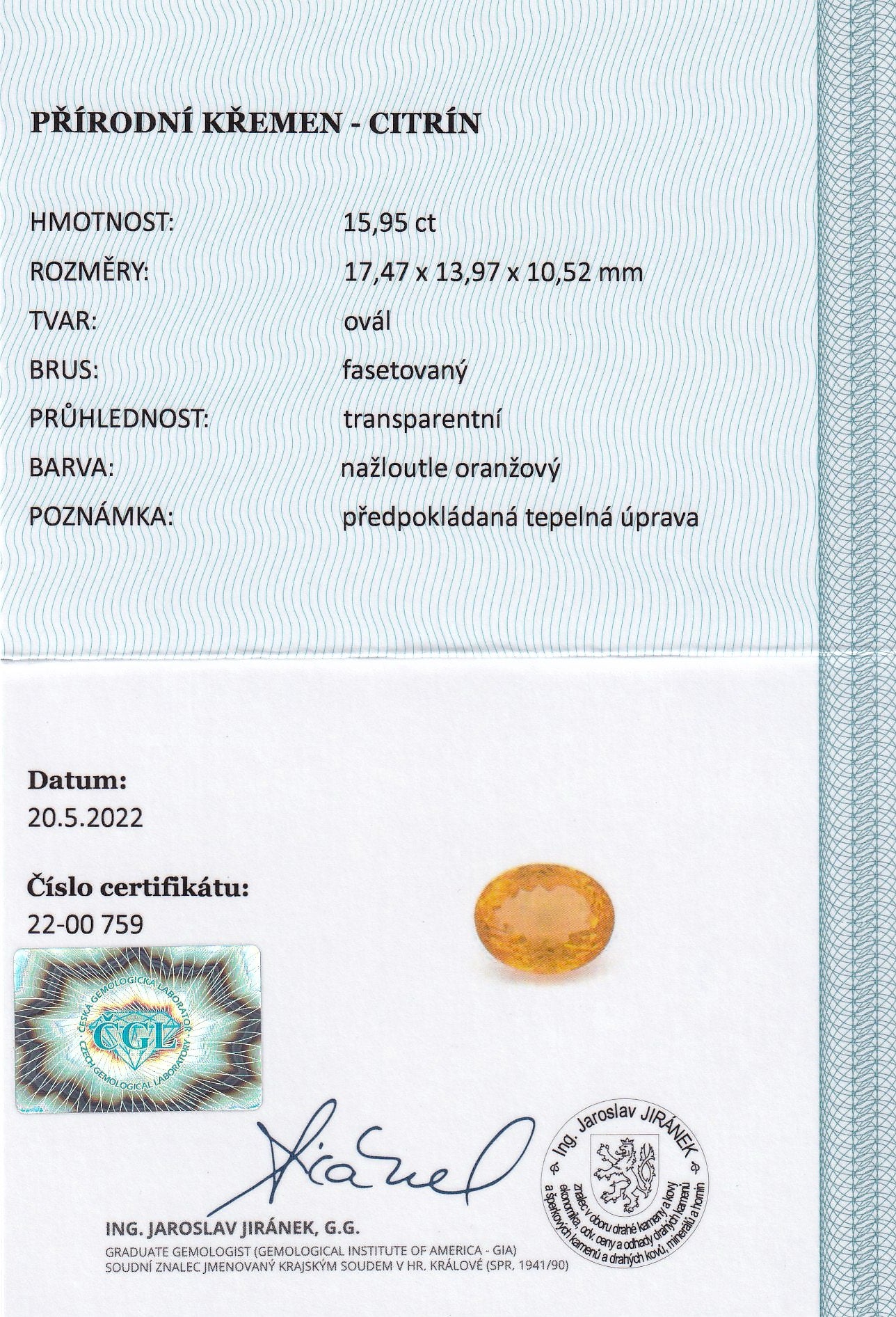 Natural Citrine 15.95 ct – Oval Cut, Heated, ČGL Certified