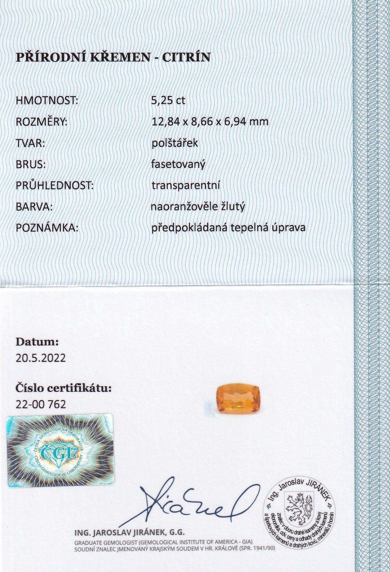 Natural Citrine 5.25 ct – Cushion Cut, Heated, ČGL Certified