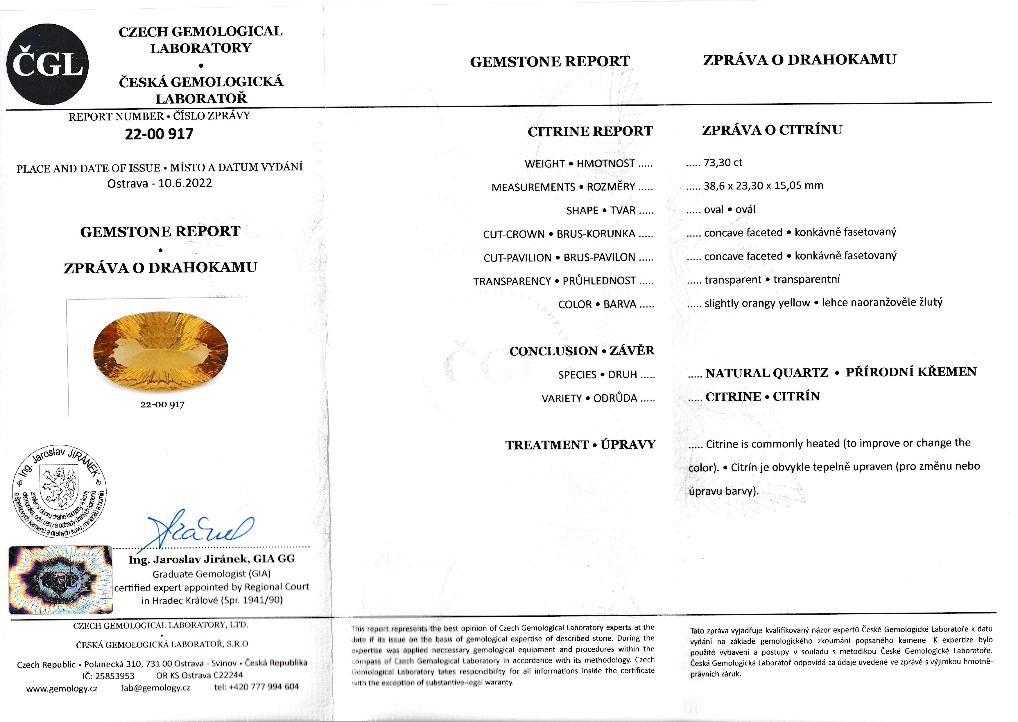 Natural Citrine 73.30 ct – Oval Cut, Heated, ČGL Certified