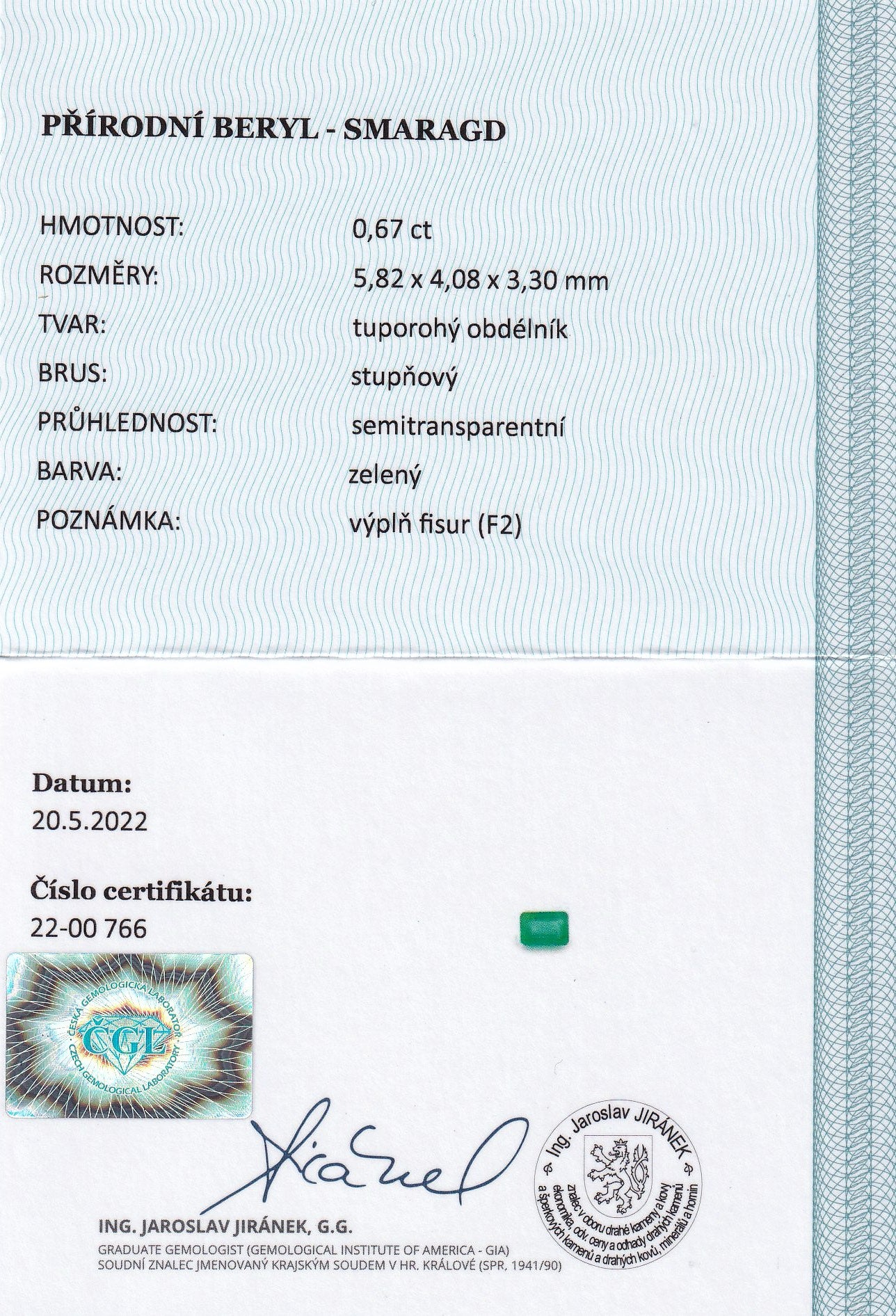 Natural emerald, 0.67 carats, emerald cut, semi-transparent, green color, F2 fracture filling, CGL certified.