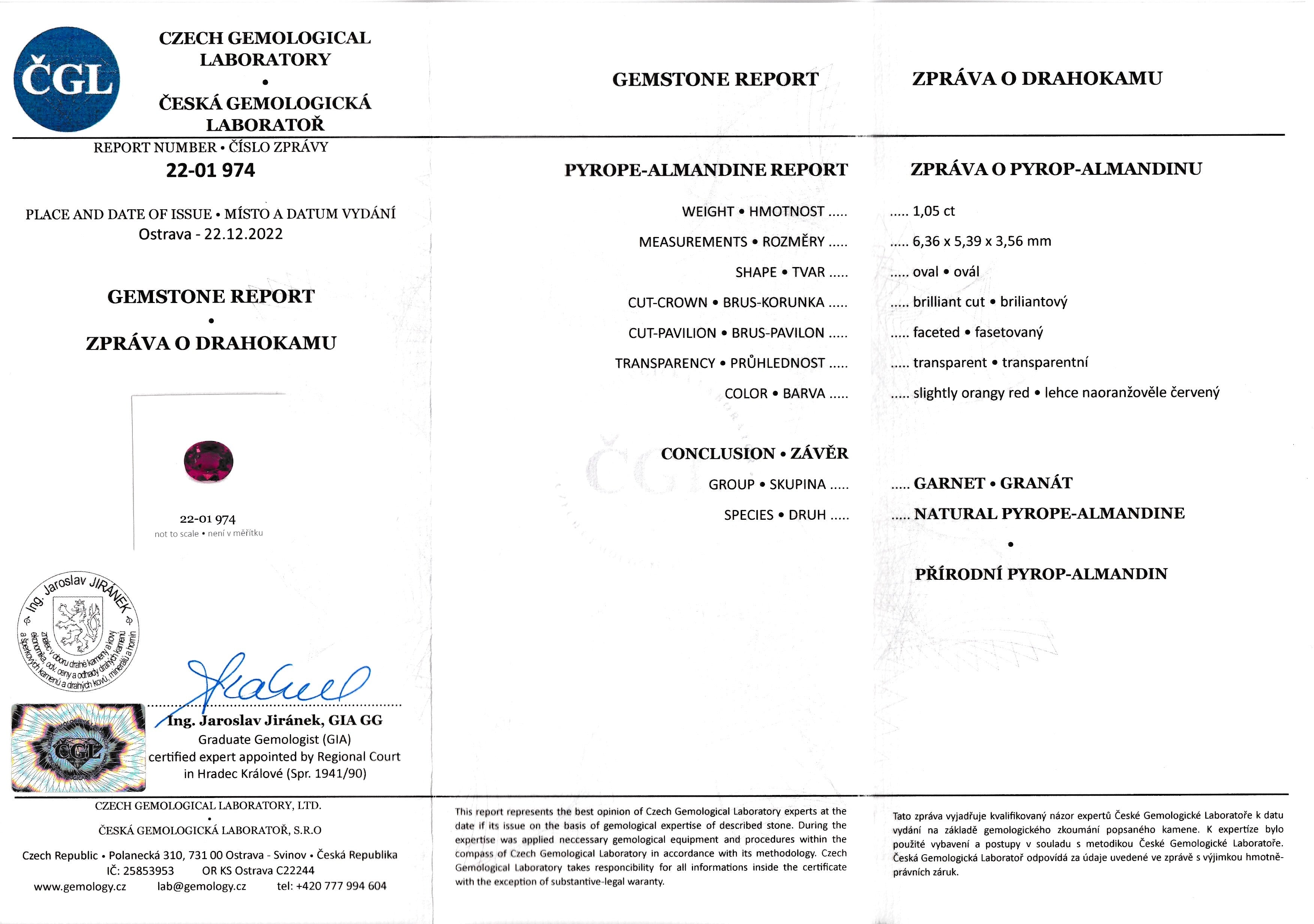 Natural pyrope-almandine garnet, 1.05 carats, oval cut, slightly orangy red color, transparent, ČGL certified gemstone