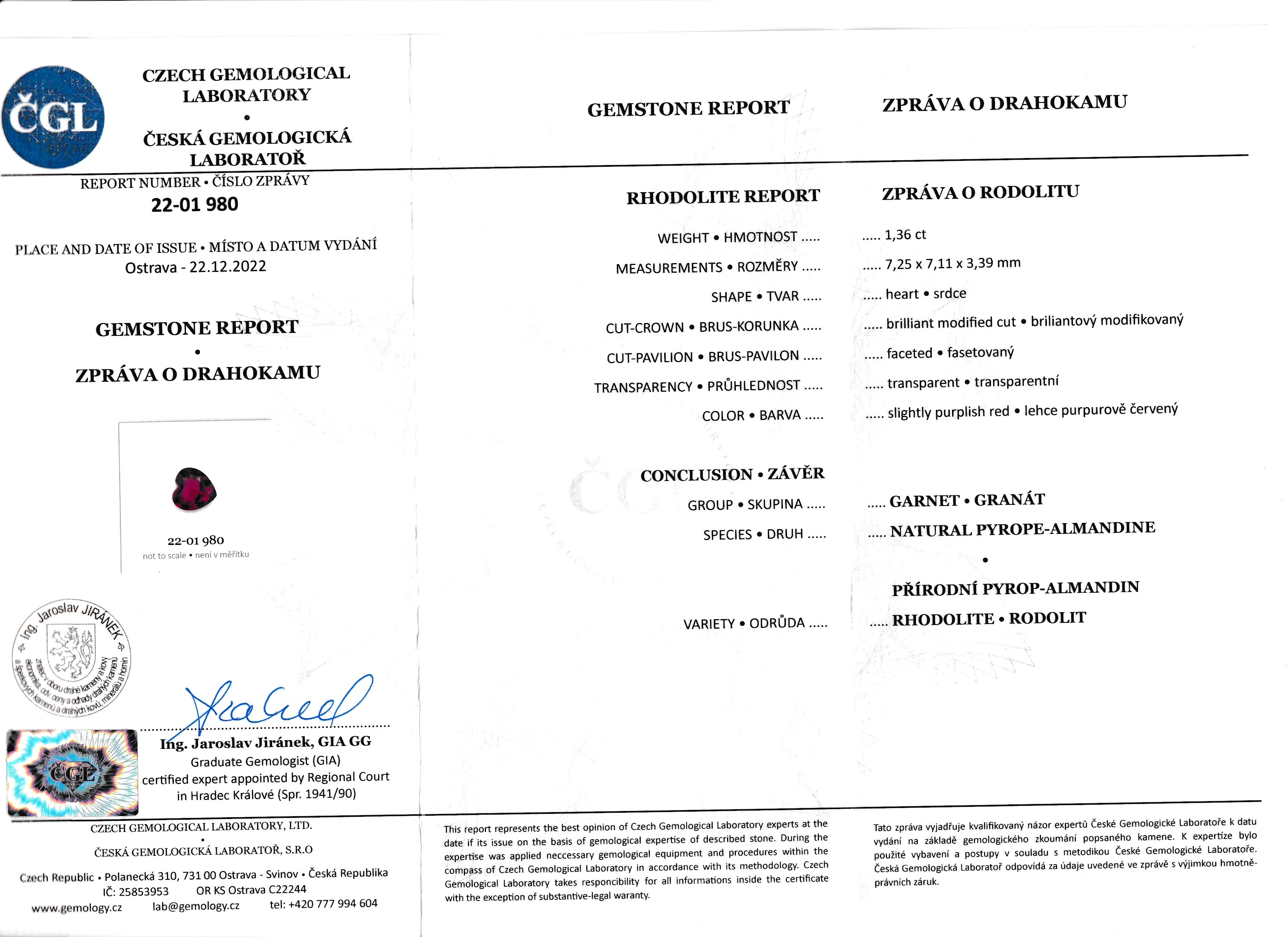 Natural rhodolite garnet, 1.36 carats, heart cut, slightly purplish red color, transparent, ČGL certified gemstone