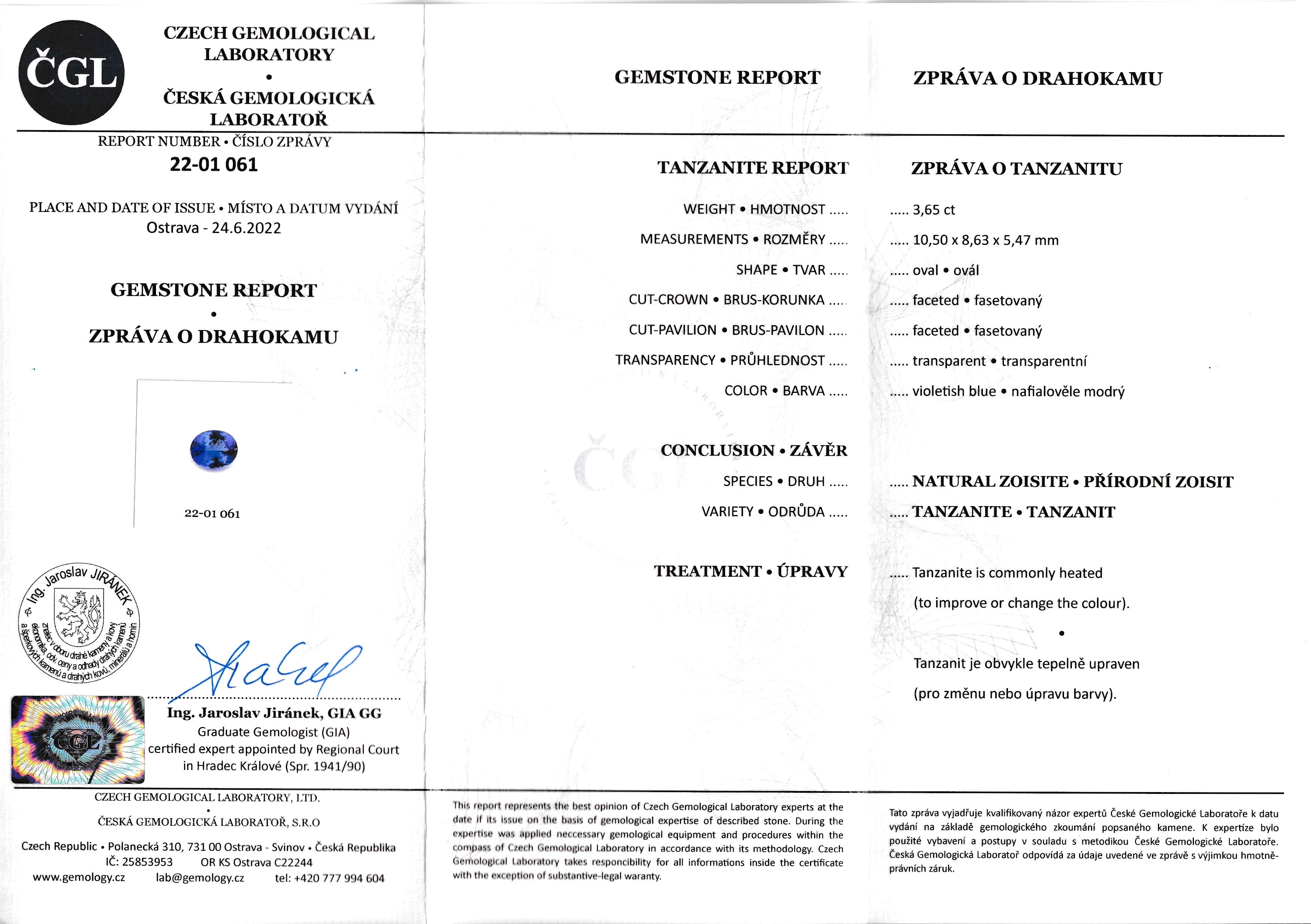 Natural Tanzanite 3.65 ct – Oval Cut, Heated, ČGL Certified