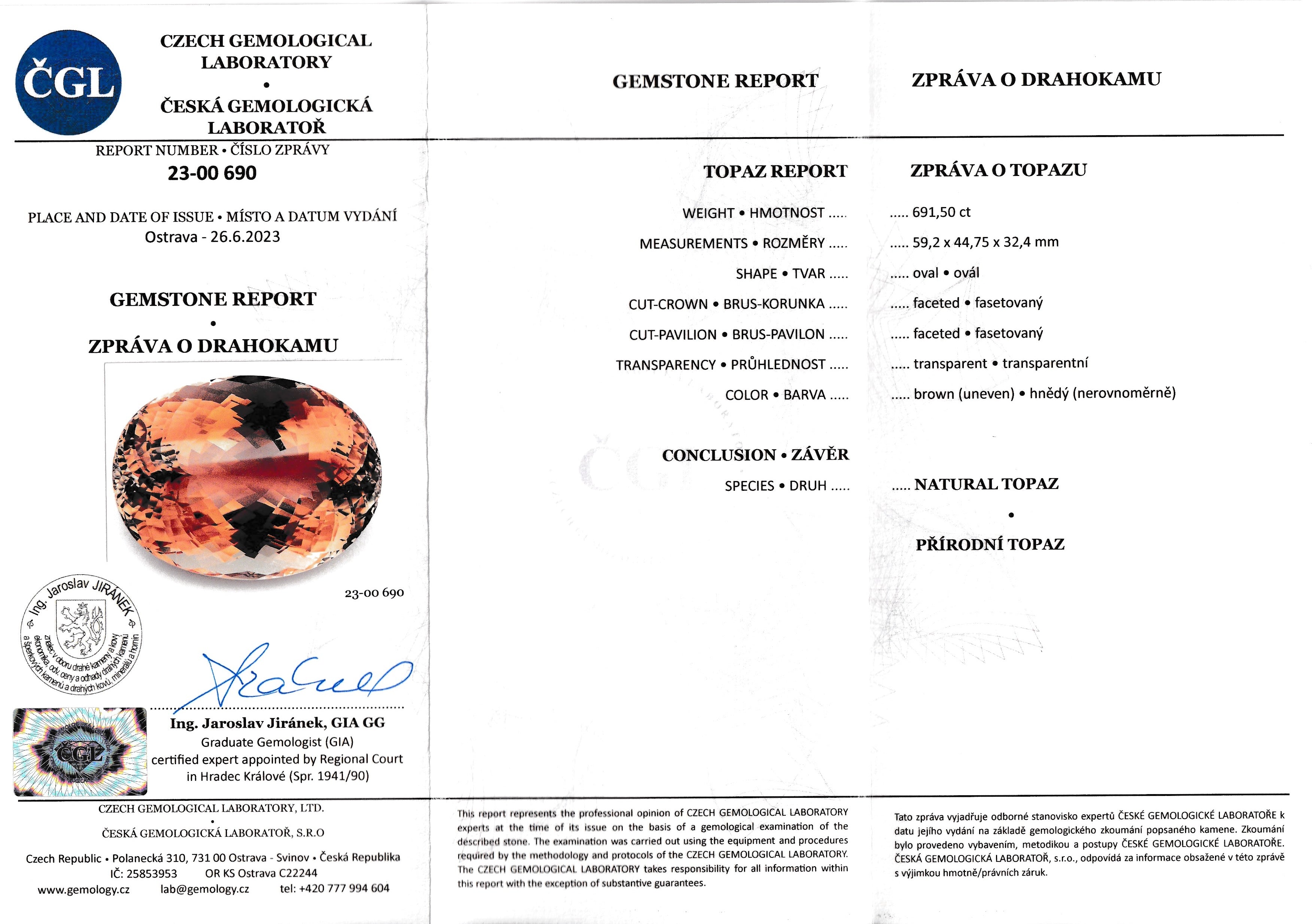 Natural Topaz, 691.50 carats, oval cut, transparent brown collector gemstone certified by ČGL