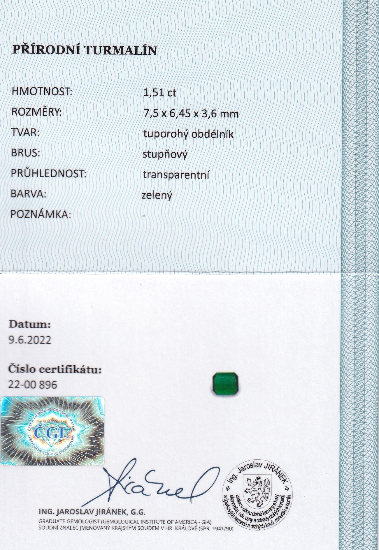 Natural green tourmaline, 1.51 carats, emerald cut, eye-clean clarity, transparent, untreated, green color, CGL certified.