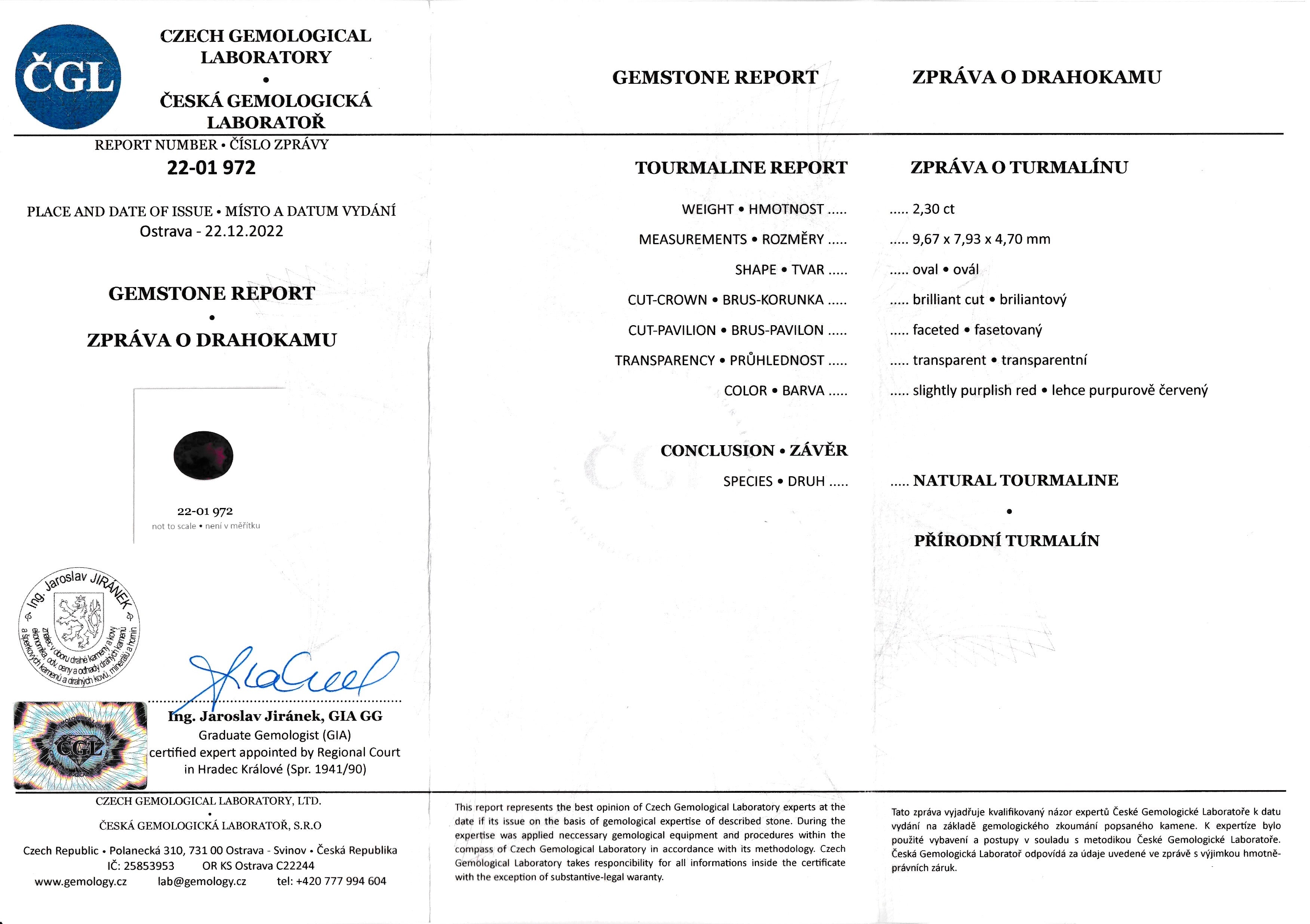 Přírodní červený turmalín 2,30 ct – Ovál Brus, Certifikováno ČGL 