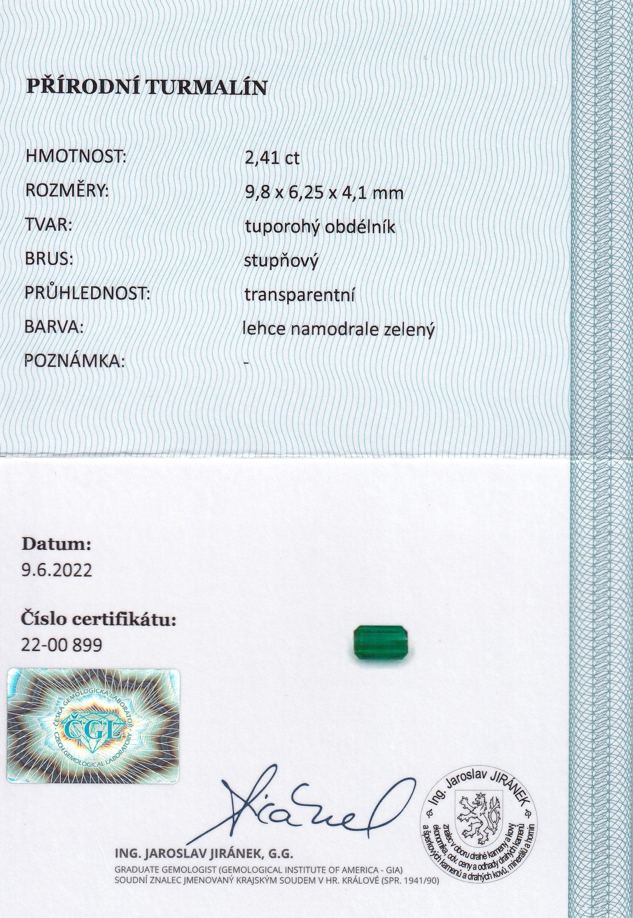 Natural green tourmaline, 2.41 carats, emerald cut, eye-clean clarity, transparent, slightly bluish-green color, untreated, CGL certified.