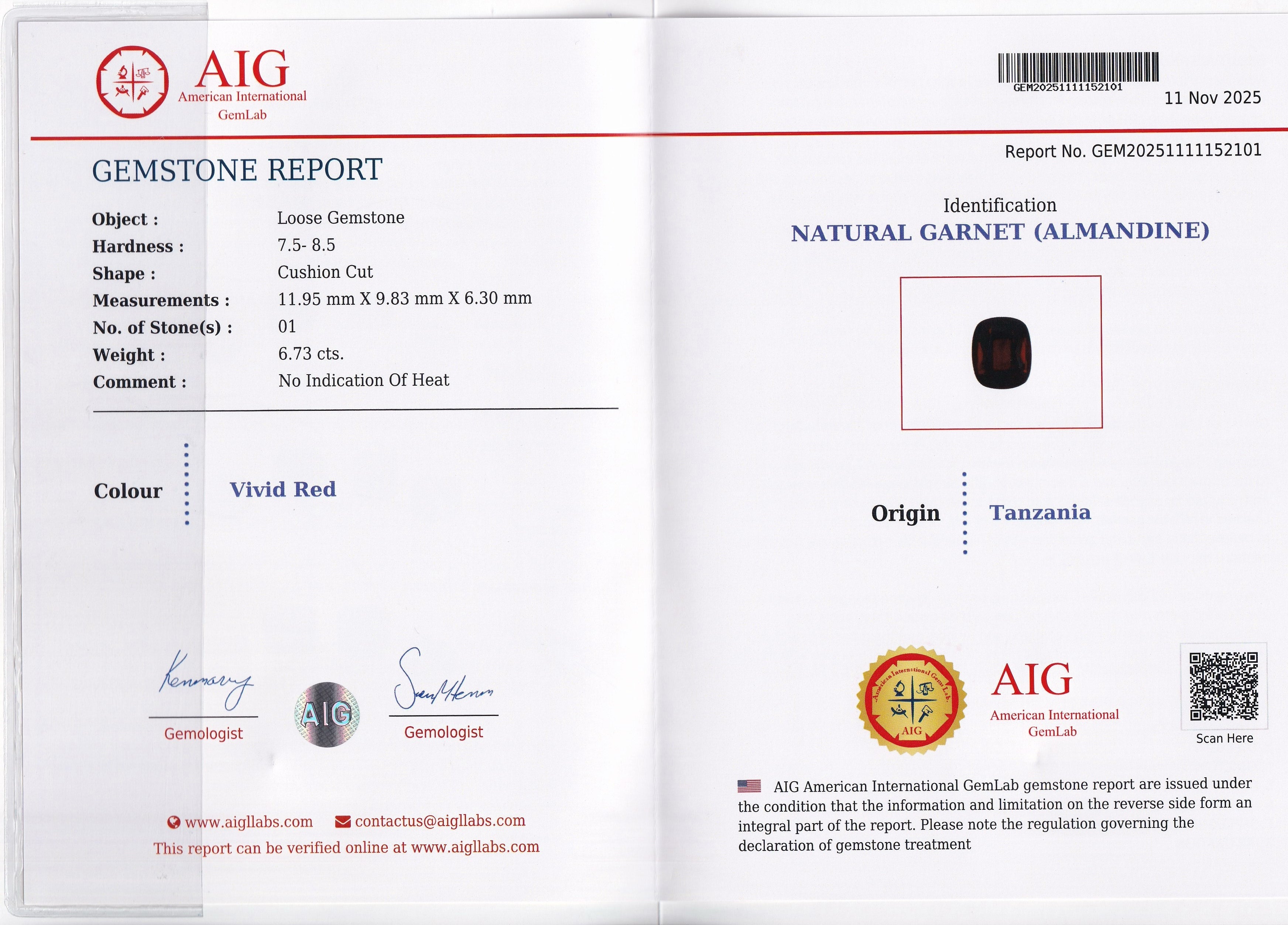 Natural almandine garnet, 6.73 carats, cushion cut, untreated, vivid red color, Tanzania origin, AIG certified