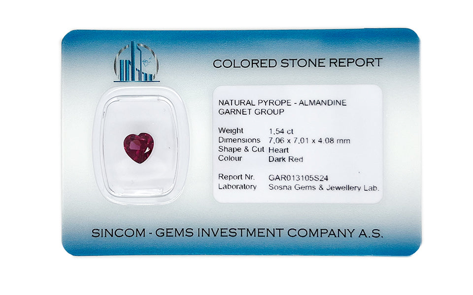 Natural almandine garnet gemstone, 1.54 carats, heart cut, dark red color, VVS/VS clarity, Madagascar origin, untreated, seller's certificate