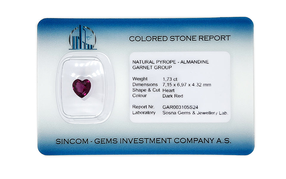 Natural almandine garnet gemstone, 1.73 carats, heart cut, dark red color, VVS/VS clarity, Madagascar origin, untreated, seller's certificate