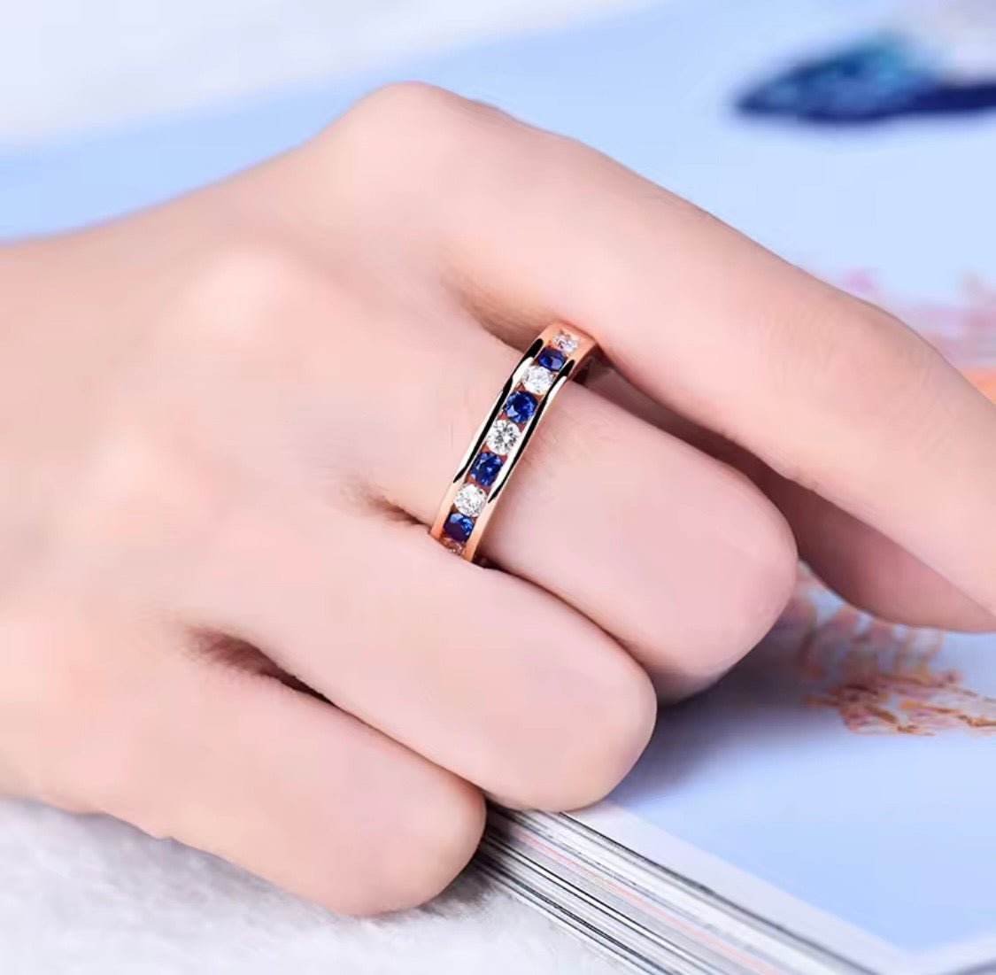 18K Rose Gold Sapphire Diamond Band Ring 0.50 ct – Round Cut (Unisex Eternity Style)