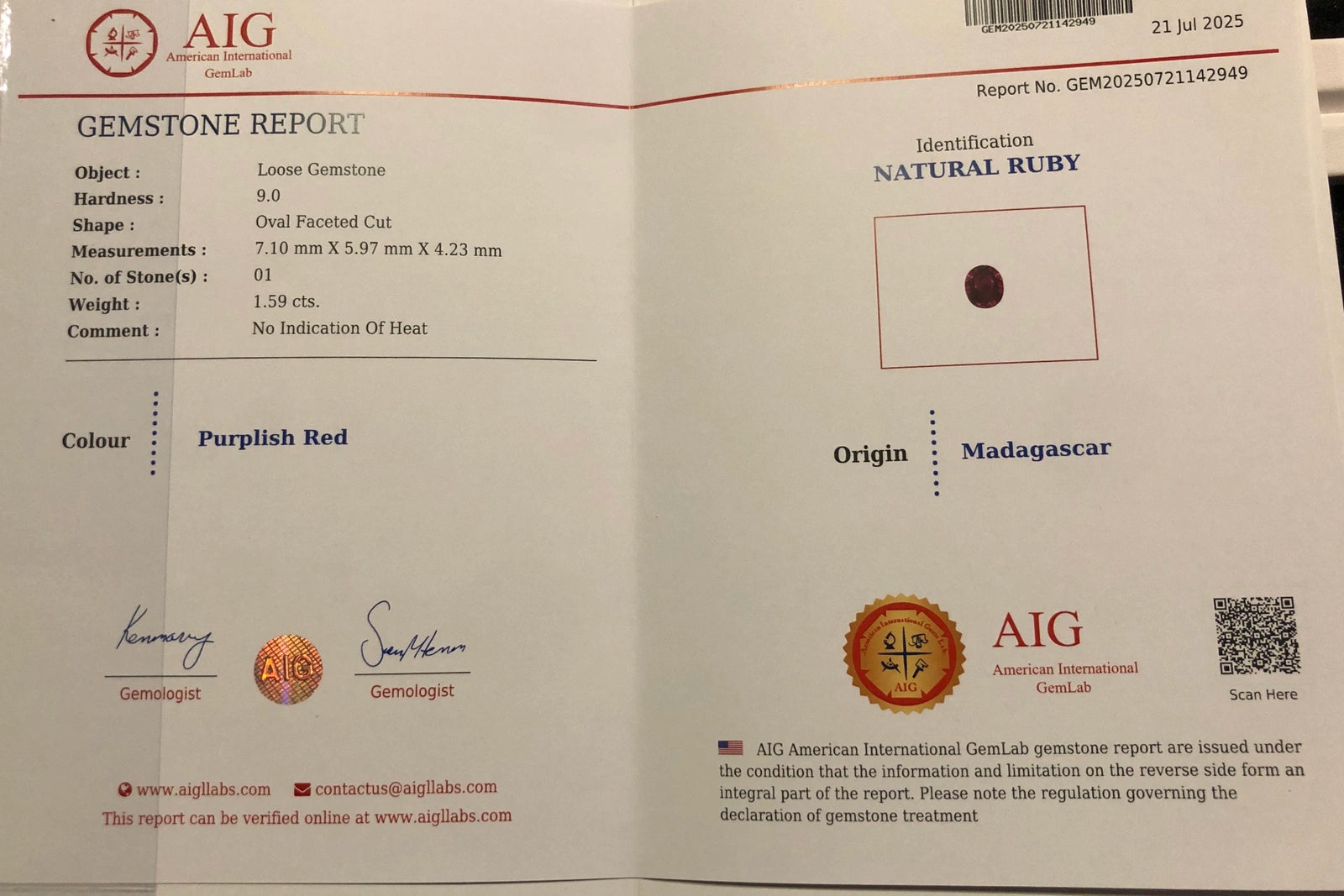 Natural Madagascar Ruby 1.59 ct – Oval Cut, No Heat, AIG Certified