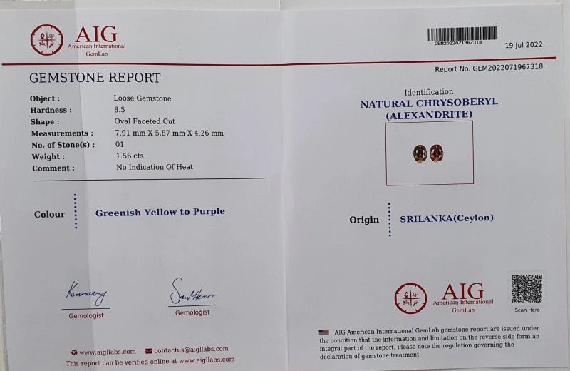 Alexandrite 1.56 ct – Rare Color Change, Oval Cut, AIG Certified