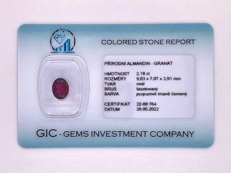 Natural almandine garnet, 2.18 carats, oval cut, IF clarity, untreated, purple-dark red, ČGL certified