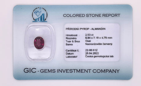 Natural almandine garnet, 2.53 carats, oval cut, IF clarity, untreated, orangy red, ČGL certified