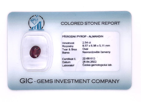 Natural almandine garnet, 2.54 carats, oval cut, IF clarity, untreated, slightly orangy red, ČGL certified