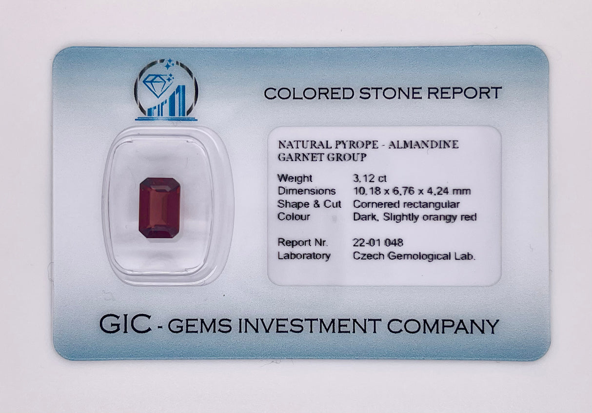Natural almandine garnet, 3.12 carats, cornered rectangular cut, IF clarity, untreated, dark orangy-red, ČGL certified