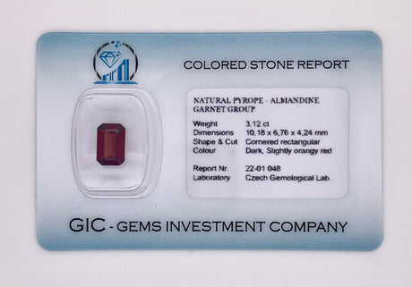Natural almandine garnet, 3.12 carats, cornered rectangular cut, IF clarity, untreated, dark orangy-red, ČGL certified