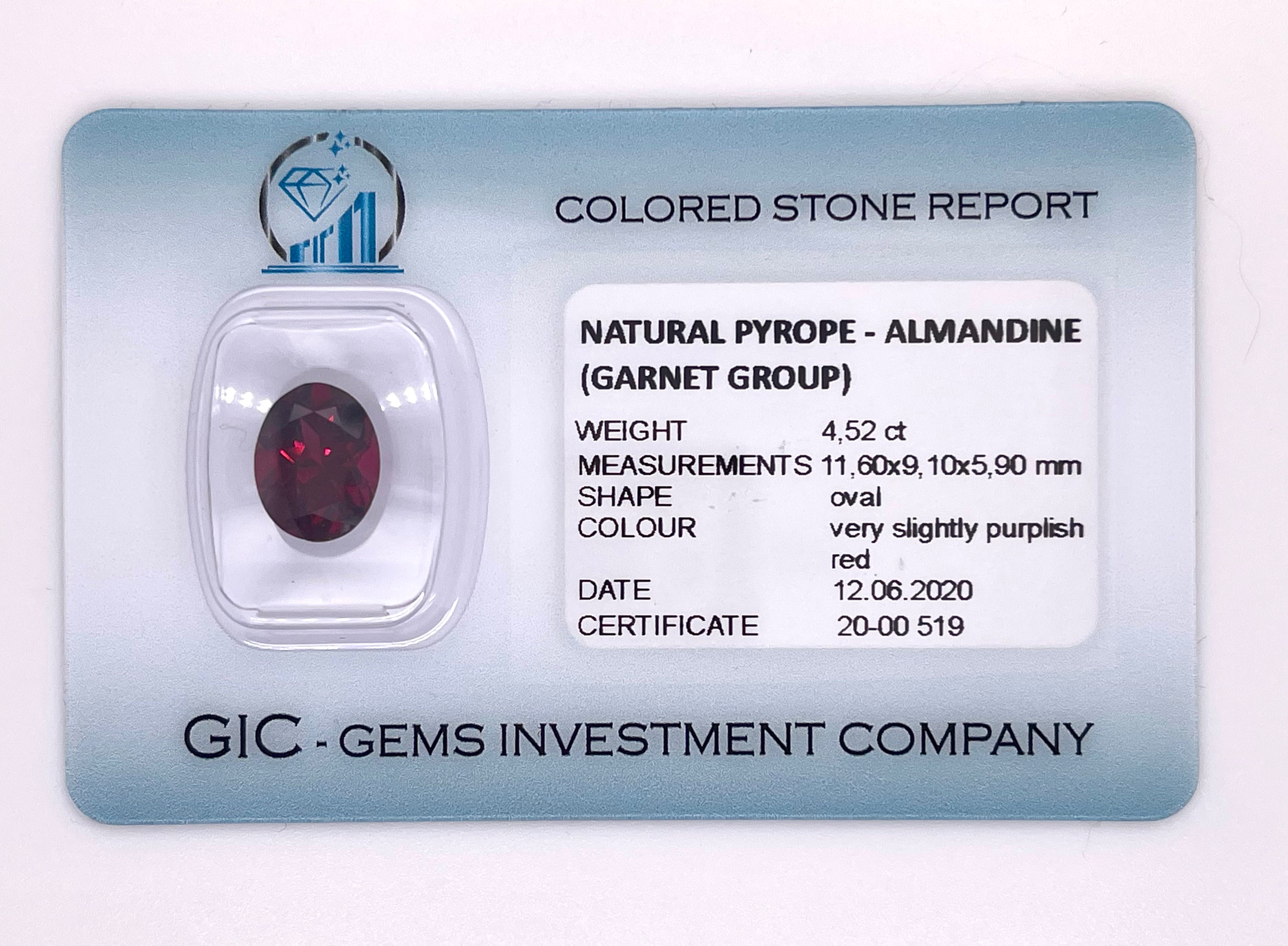 Natural almandine garnet, 4.52 carats, oval cut, IF clarity, untreated, slightly purplish red