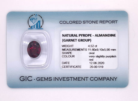 Natural almandine garnet, 4.52 carats, oval cut, IF clarity, untreated, slightly purplish red