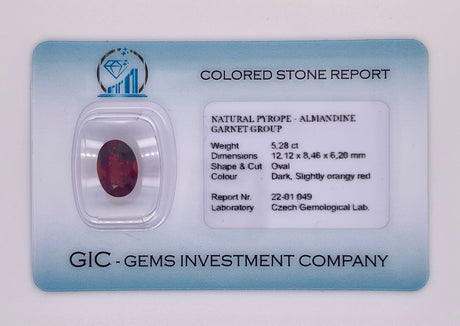 Natural almandine garnet, 5.28 carats, oval cut, IF clarity, untreated, dark orangy red, ČGL certified