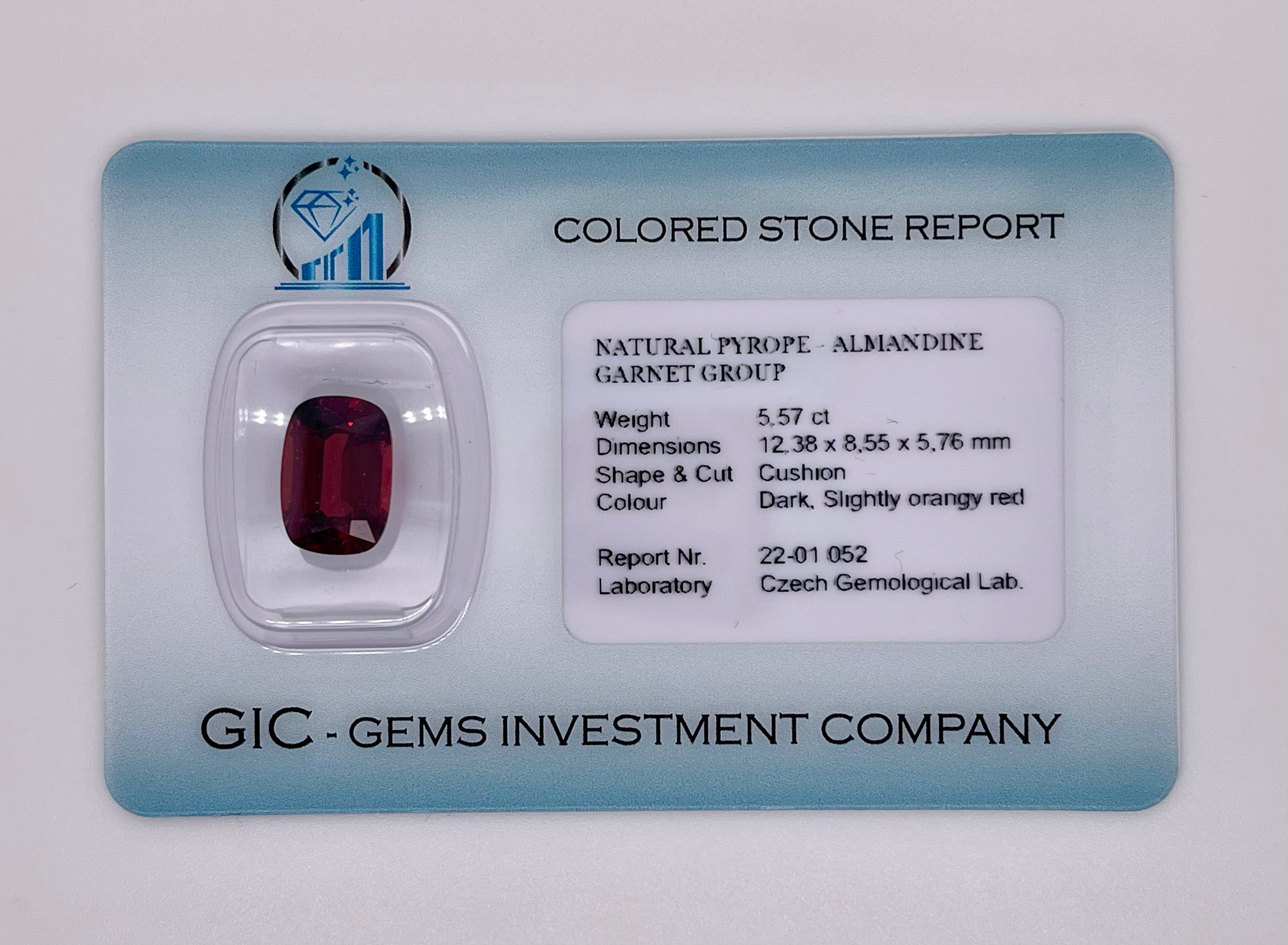 Natural almandine garnet, 5.57 carats, cushion cut, VVS clarity, untreated, dark orangy red, ČGL certified