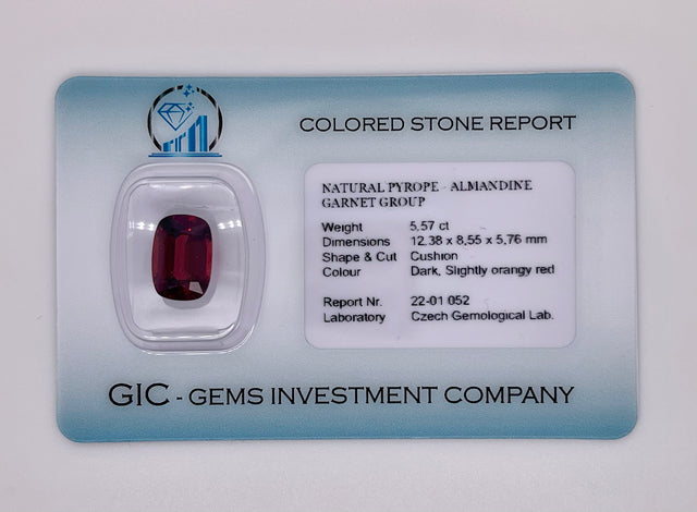 Natural almandine garnet, 5.57 carats, cushion cut, VVS clarity, untreated, dark orangy red, ČGL certified