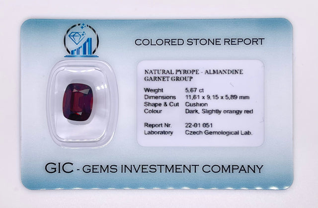 Natural almandine garnet, 5.67 carats, cushion cut, VVS clarity, untreated, dark orangy-red, ČGL certified
