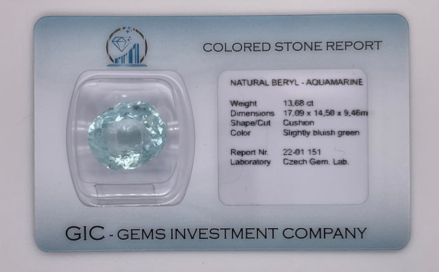 Natural aquamarine, 13.68 carats, cushion cut, IF clarity, untreated, slightly bluish green, ČGL certified