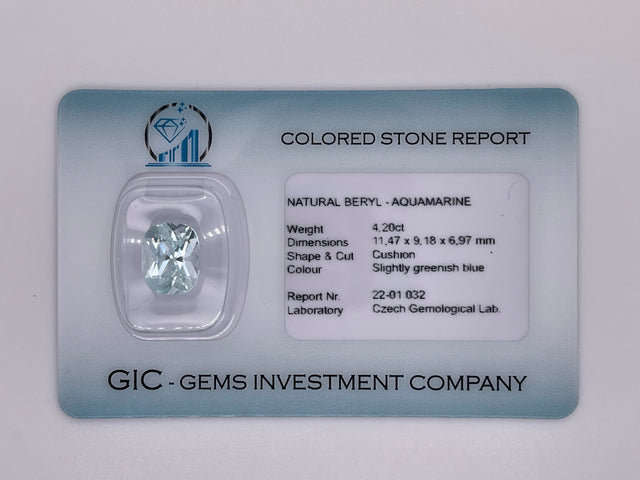 Natural aquamarine, 4.20 carats, cushion cut, IF clarity, untreated, slightly bluish green, ČGL certified