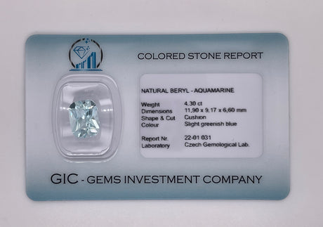Natural aquamarine, 4.30 carats, cushion cut, IF clarity, untreated, slightly bluish green, ČGL certified
