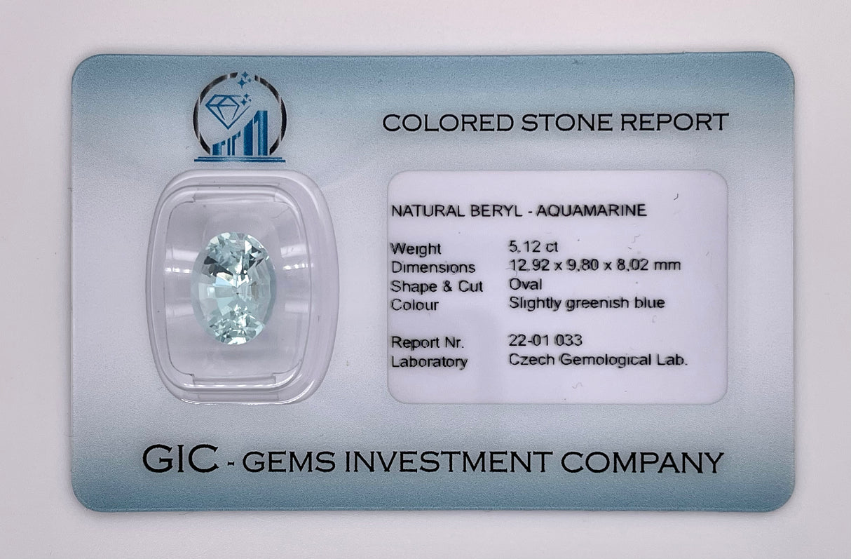 Natural aquamarine, 5.12 carats, oval brilliant cut, eye clean clarity, untreated, slightly greenish blue, ČGL certified