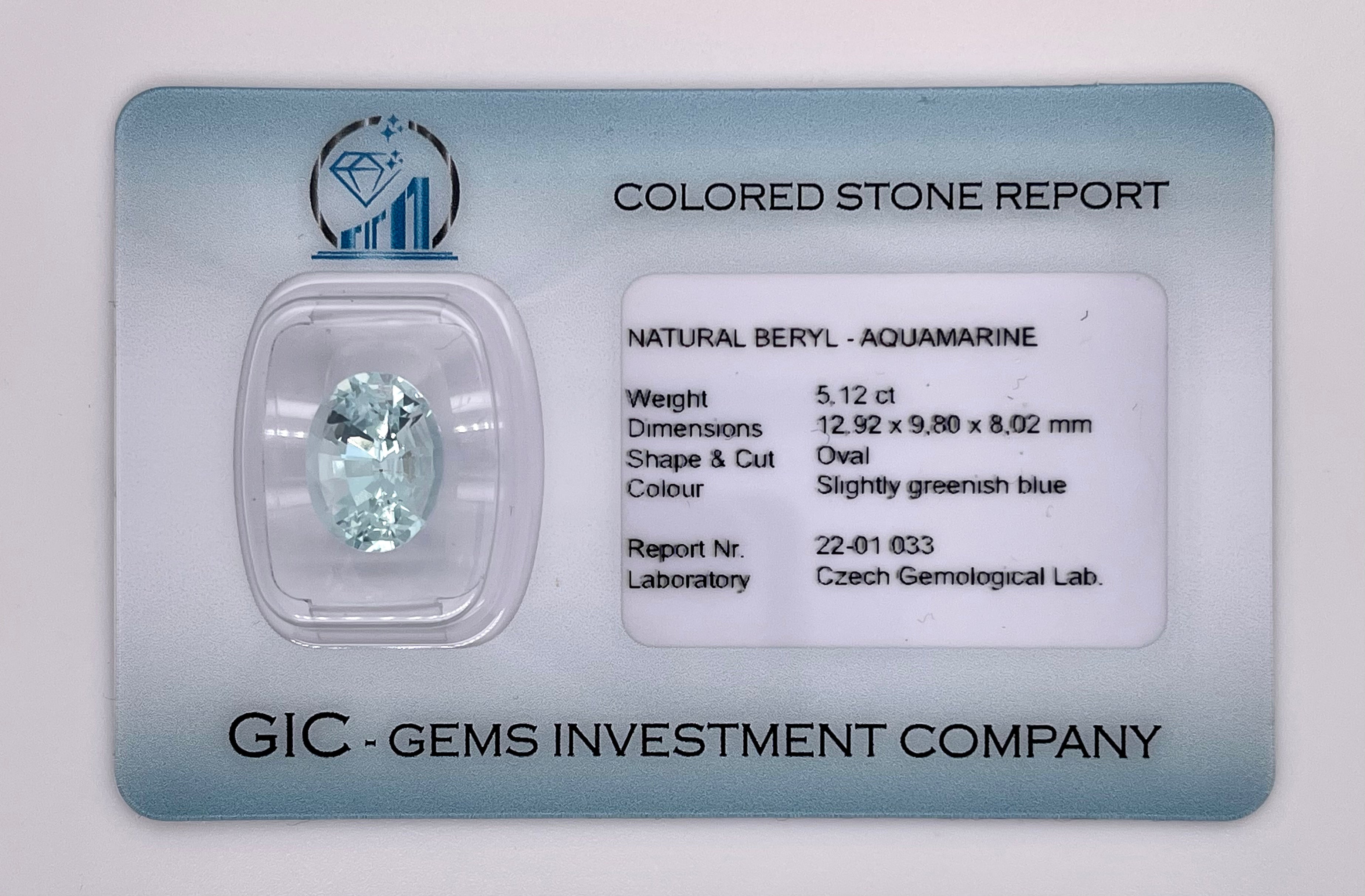 Natural aquamarine, 5.12 carats, oval brilliant cut, eye clean clarity, untreated, slightly greenish blue, ČGL certified