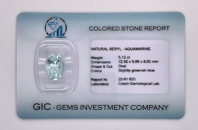 Natural aquamarine, 5.12 carats, oval brilliant cut, eye clean clarity, untreated, slightly greenish blue, ČGL certified