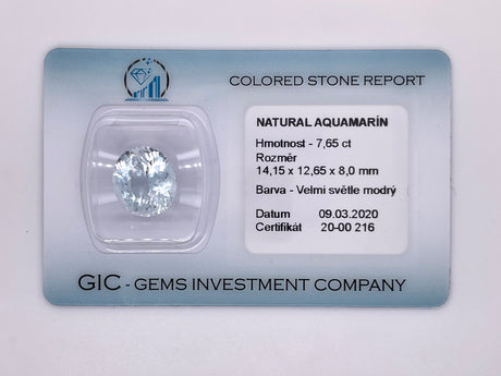 Natural aquamarine, 7.65 carats, oval cut, IF clarity, untreated, very light blue