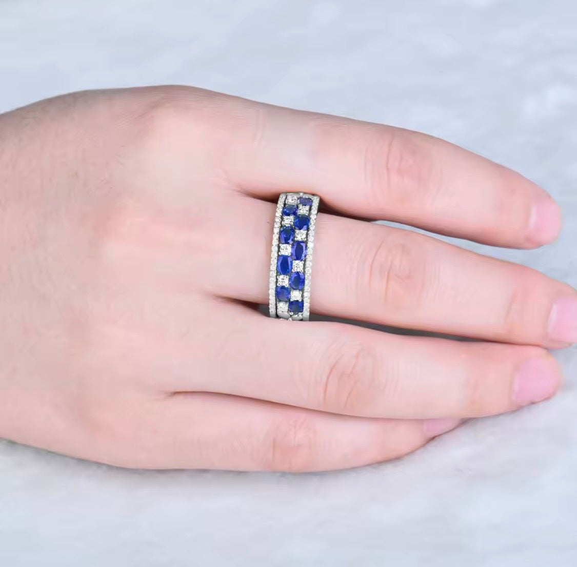 14K white gold blue sapphire diamond ring, 1.88 carat natural untreated sapphires, oval cut, SI diamond accents, luxury unisex jewelry