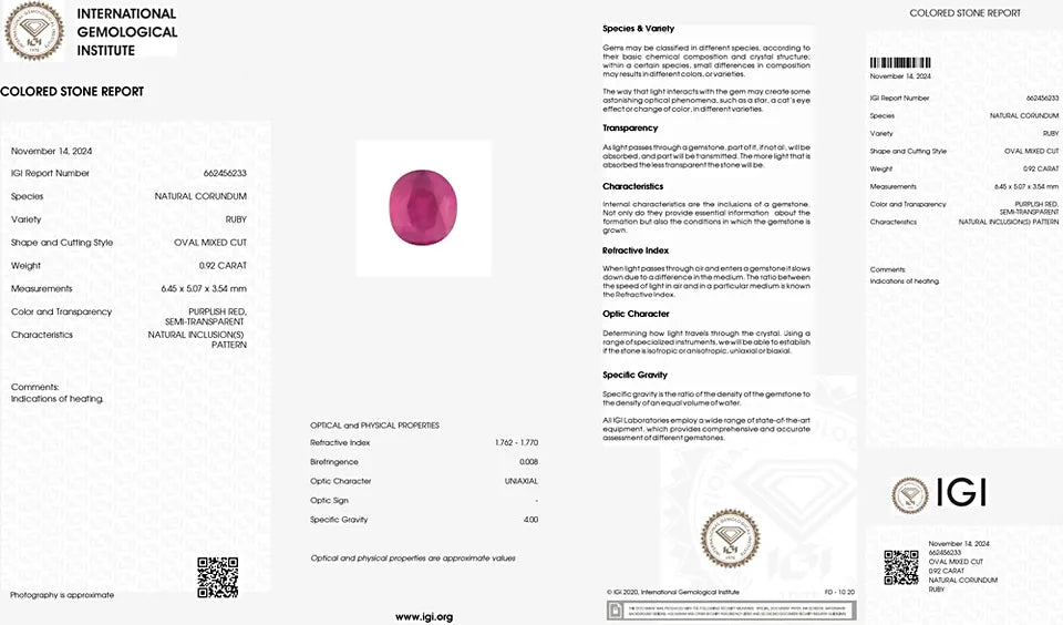 Burmese Ruby 0.92 ct – Oval Cut, Purplish Red, Heated, IGI Certified