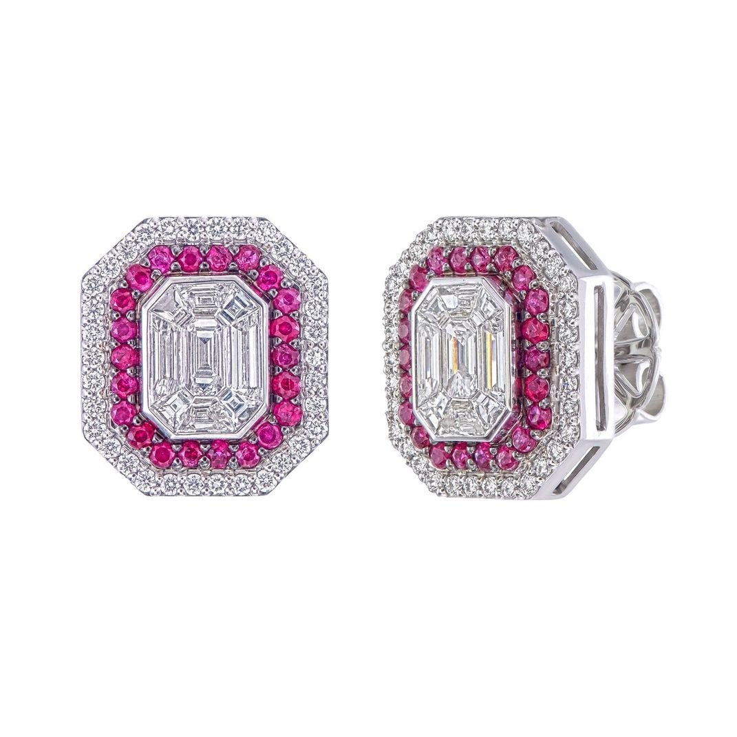 Diamond 0.32 ct & Ruby 0.35 ct Halo Earrings – 18K White Gold, Emerald Cut