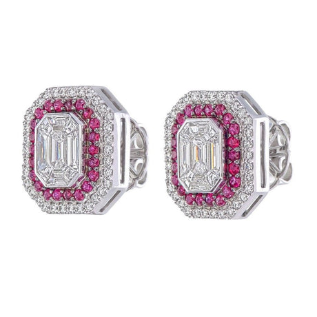 Diamond 0.32 ct & Ruby 0.35 ct Halo Earrings – 18K White Gold, Emerald Cut