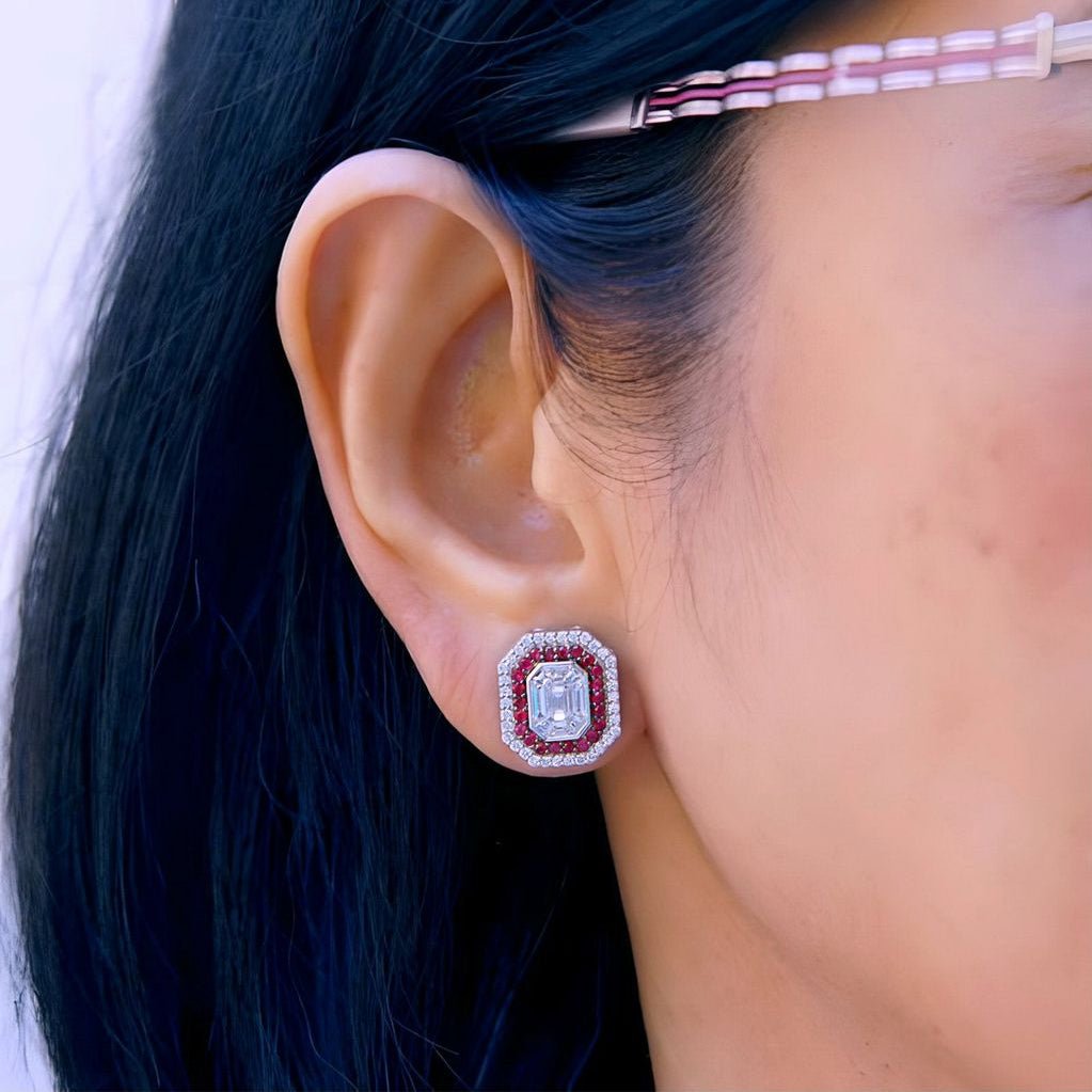 Diamond 0.32 ct & Ruby 0.35 ct Halo Earrings – 18K White Gold, Emerald Cut