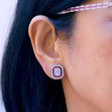 Diamond 0.32 ct & Ruby 0.35 ct Halo Earrings – 18K White Gold, Emerald Cut