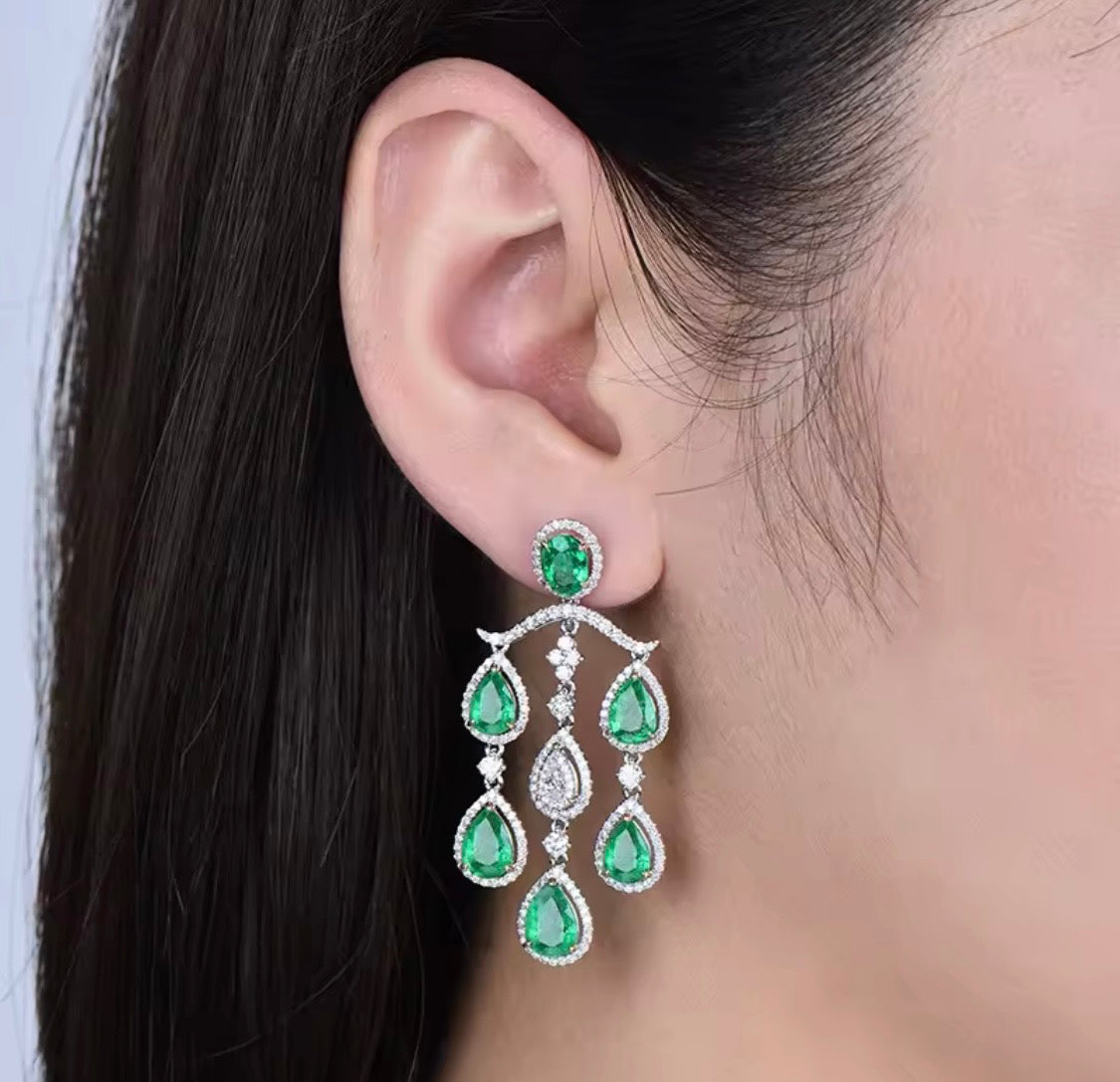 18K gold emerald diamond chandelier earrings with 4.48 carat emeralds and luxury drop design