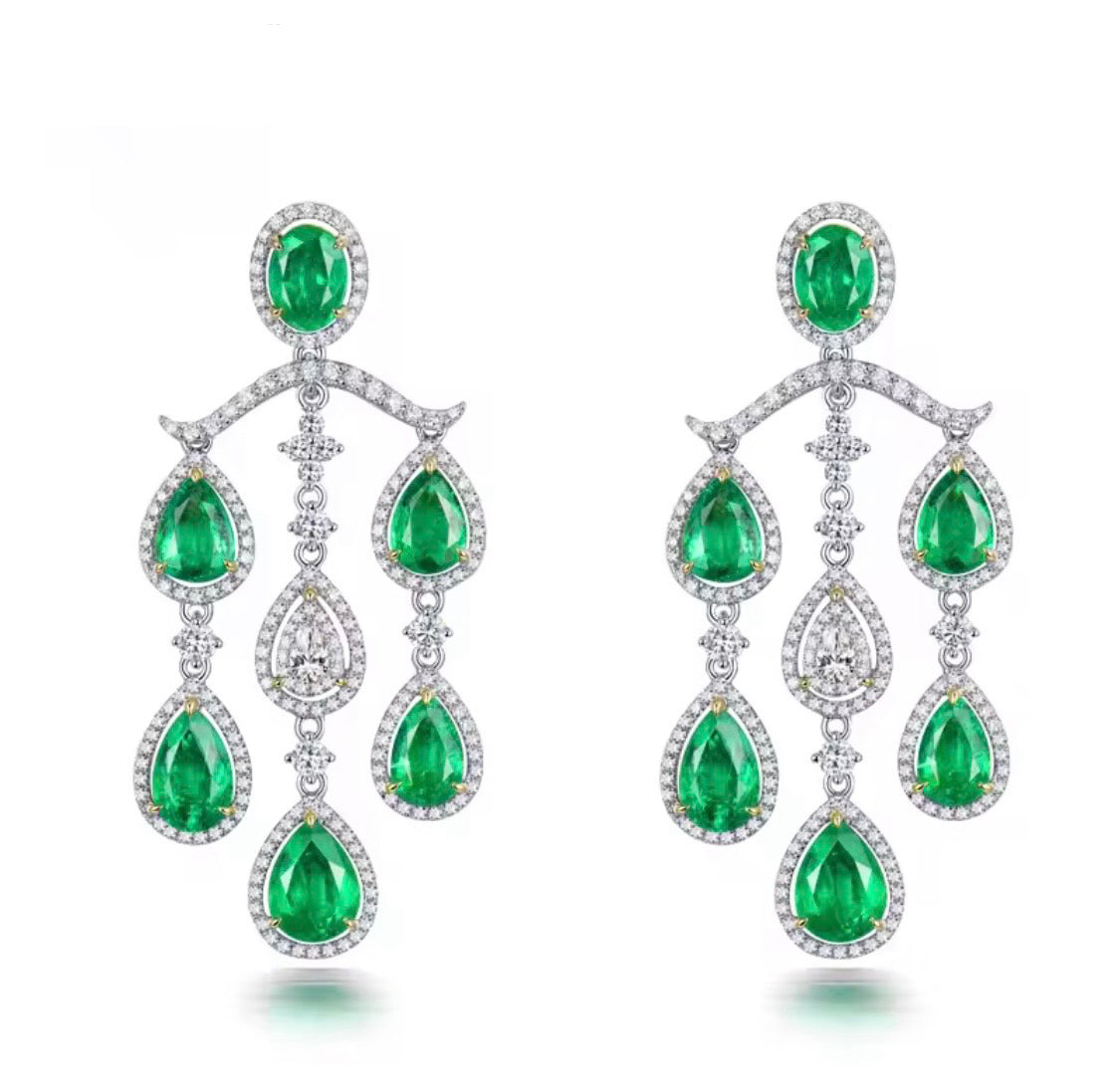 18K gold emerald diamond chandelier earrings with 4.48 carat emeralds and luxury drop design