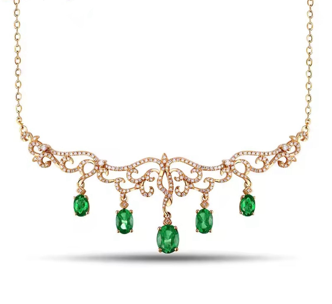 18K gold emerald diamond necklace with 3.48 carat natural emeralds and chandelier drop design
