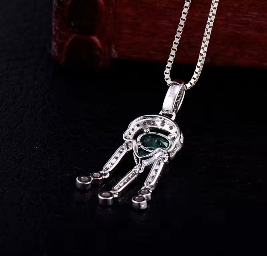 18K white gold emerald diamond pendant with oval natural emerald and geometric drop design