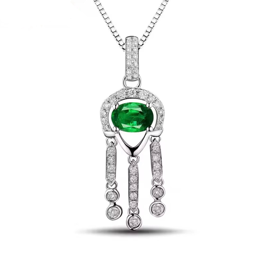 18K white gold emerald diamond pendant with oval natural emerald and geometric drop design