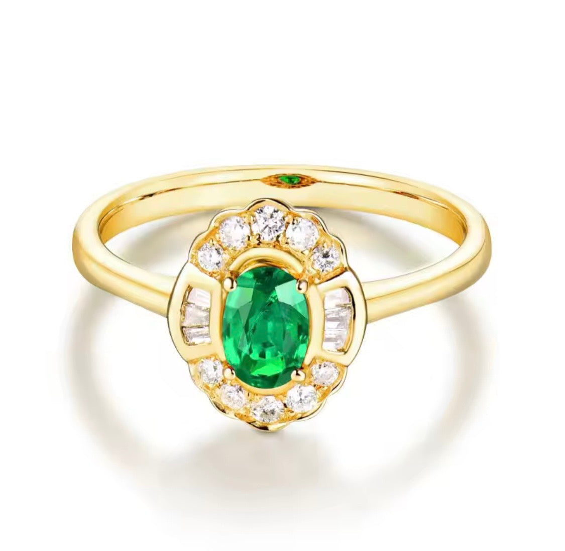 14K yellow gold emerald diamond ring with 0.50 carat oval natural emerald and floral diamond halo