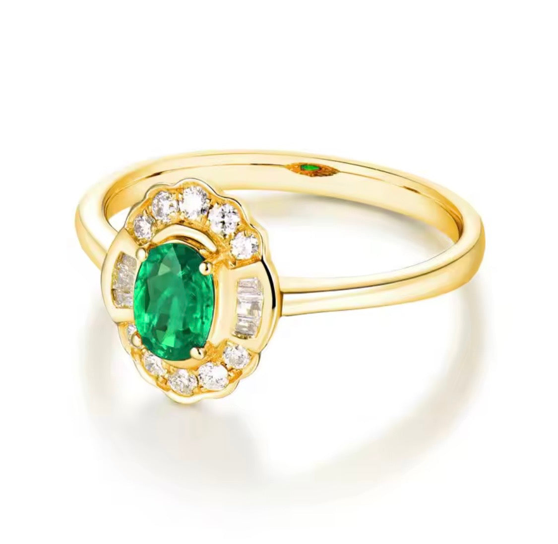 14K yellow gold emerald diamond ring with 0.50 carat oval natural emerald and floral diamond halo