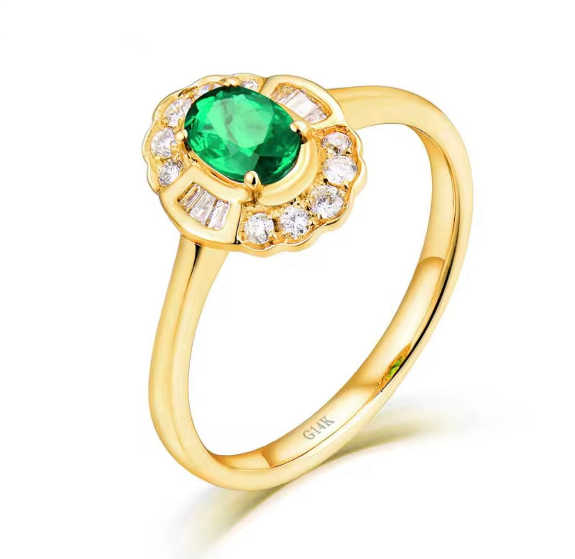 14K yellow gold emerald diamond ring with 0.50 carat oval natural emerald and floral diamond halo