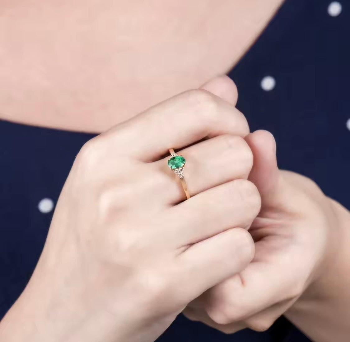 18K yellow gold emerald diamond ring with 0.50 carat oval natural emerald and diamond accents